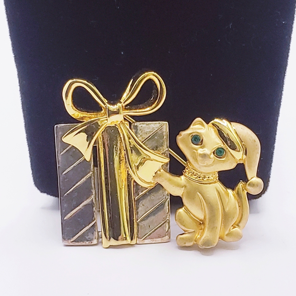 Danecraft Santa Cat Green Eyes Gift Holiday Gold Silver Brooch